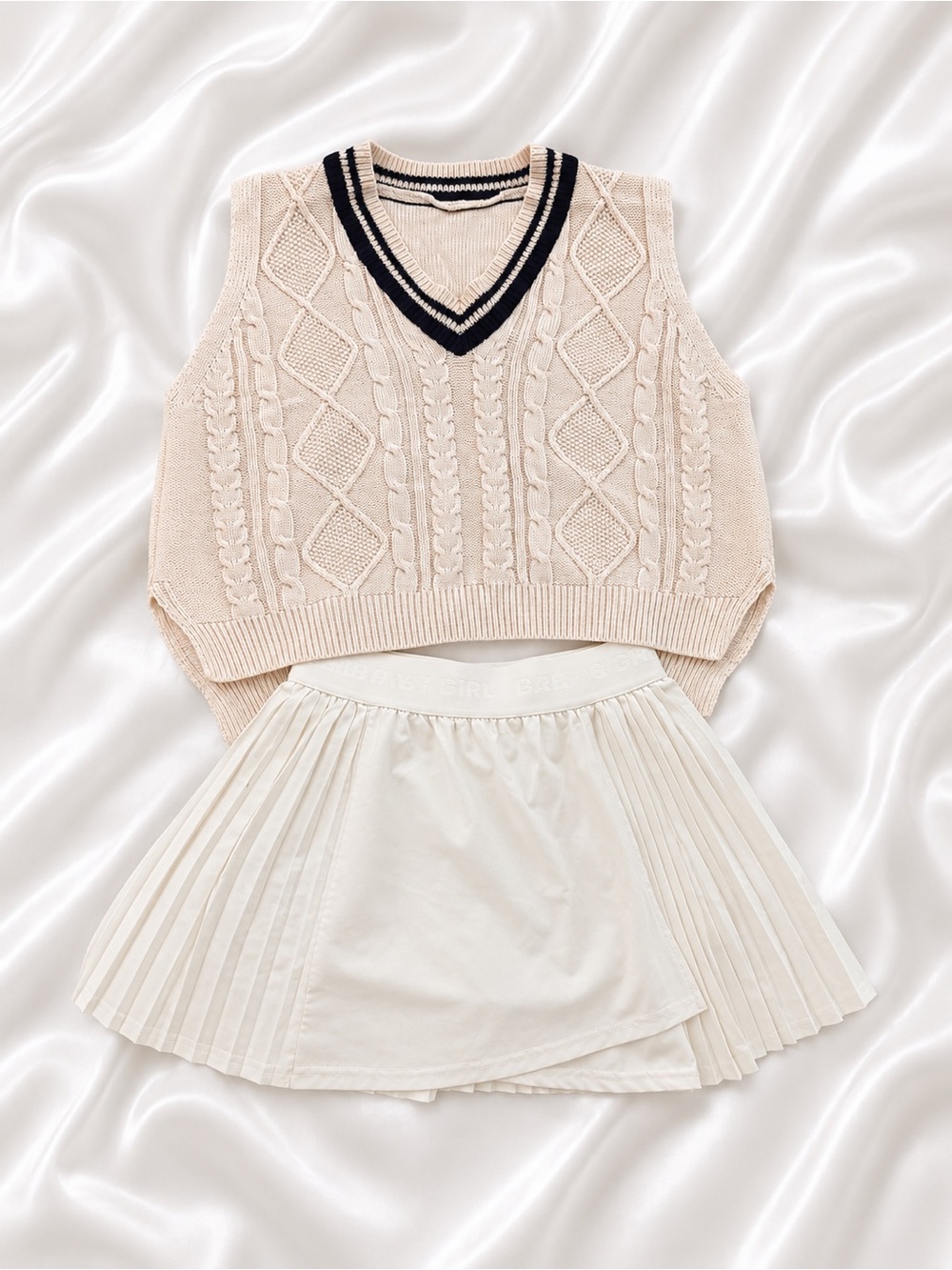 Cream Cable Knit V-Neck Sweater Vest with Black Trim